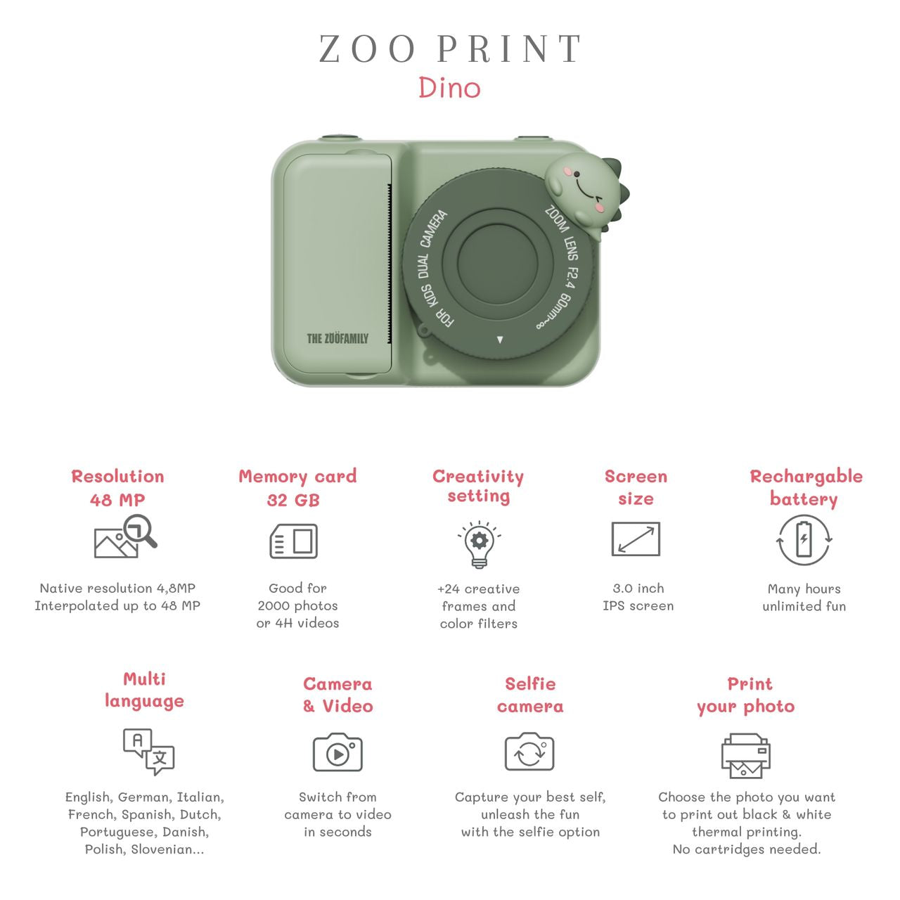 Máquina Fotográfica Infantil  instantânea The Zoo Family – Zoo Print Dino Verde